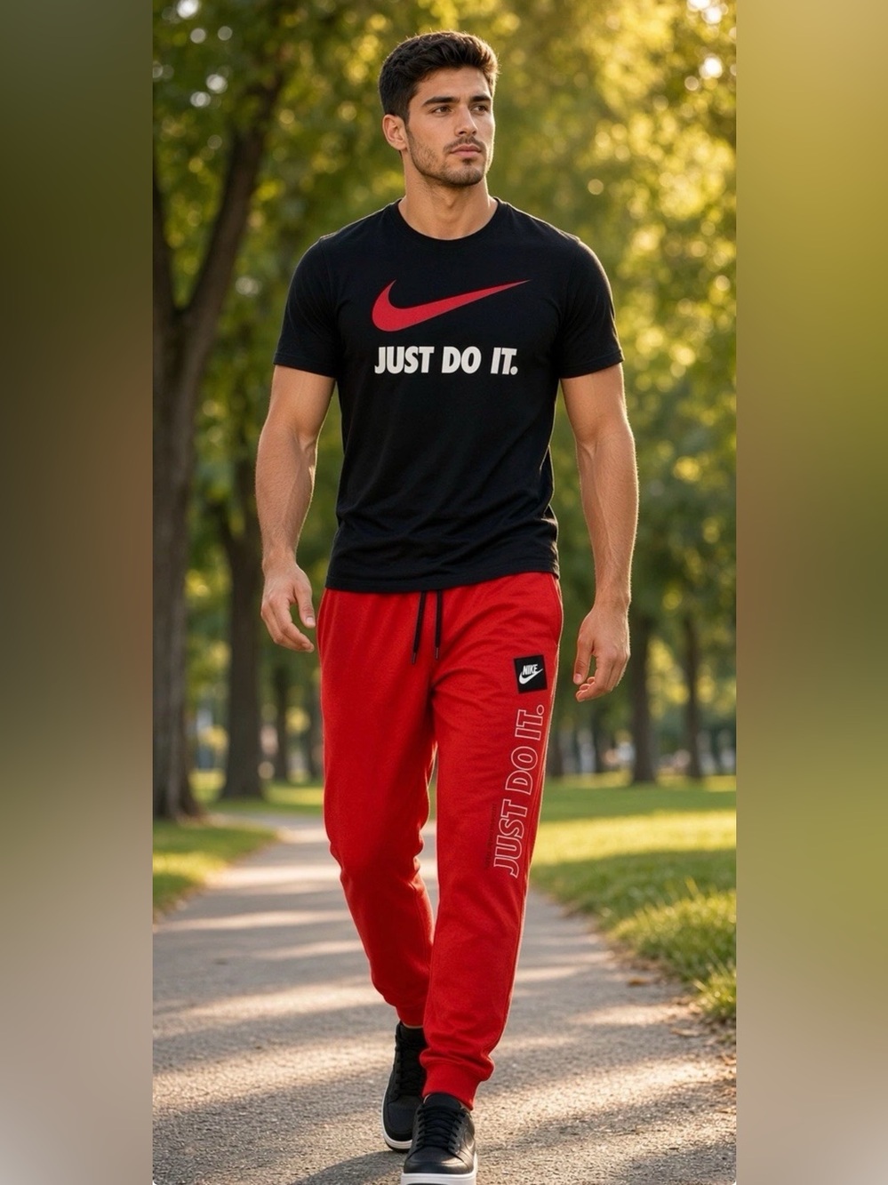 Nike Sportswear JDI 2 PC Matching Set Joggers S/S Tee Shirt Red Black Mens SZ.M